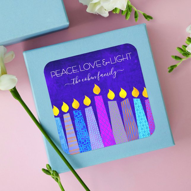 Sticker Carré Hanoukka Bold bougies Blue Peace Love Light Name (Créateur téléchargé)