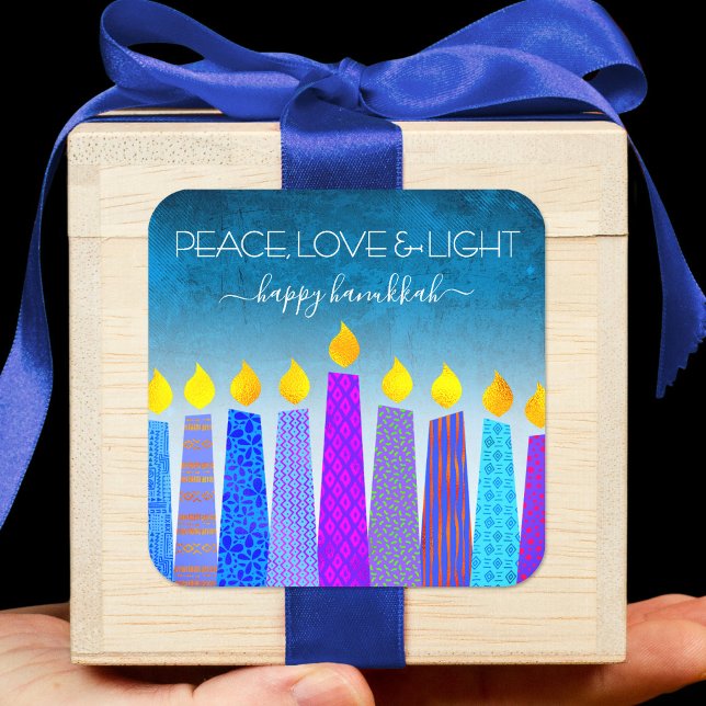 Sticker Carré Hanoukka Peace Love Blue Boho bougies Turquoise (Créateur téléchargé)