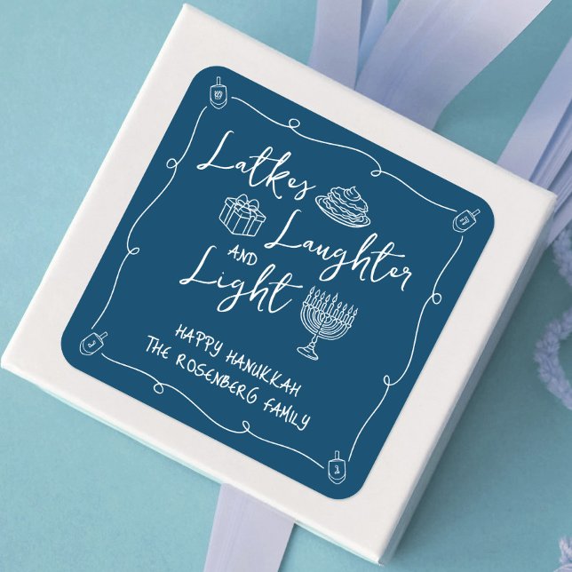 Sticker Carré Hanukkah Latkes Laughter Light Navy Hand Drawn Fun (Créateur téléchargé)