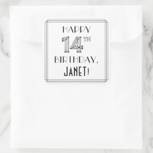 Sticker Carré HAPPY 14E ANNIVERSAIRE, Style Art Déco, Nom person