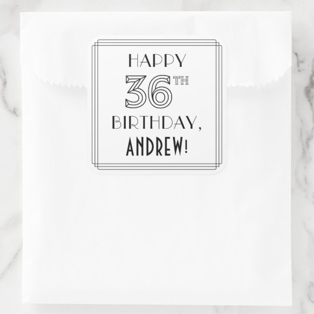 Sticker Carré HAPPY 36E ANNIVERSAIRE, Style Art Déco, Nom person (Sac)
