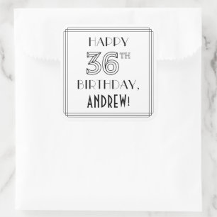Sticker Carré HAPPY 36E ANNIVERSAIRE, Style Art Déco, Nom person