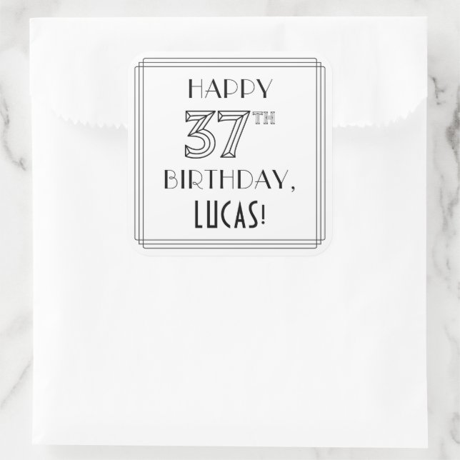 Sticker Carré HAPPY 37E ANNIVERSAIRE, Style Art Déco, Nom person (Sac)