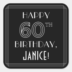 Sticker Carré HAPPY 60E ANNIVERSAIRE ; Style Art Déco ; Nom pers