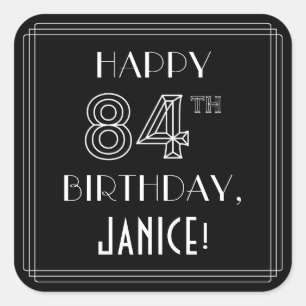 Sticker Carré HAPPY 84E ANNIVERSAIRE ; Style Art Déco ; Nom pers