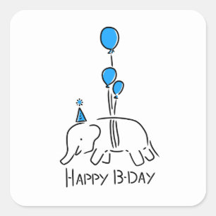 Sticker Carré Happy b day, éléphant bleu