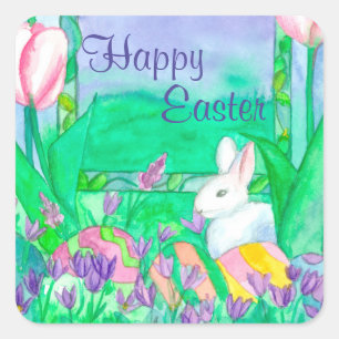 Sticker Carré Happy Easter Eggs White Rabbit