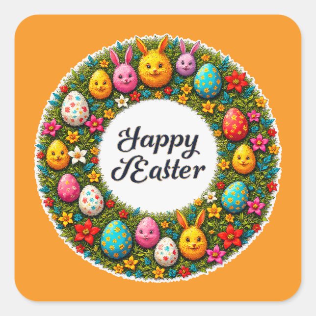 Sticker Carré Happy Easter – Festive Egg Wreath Autocolante (Devant)