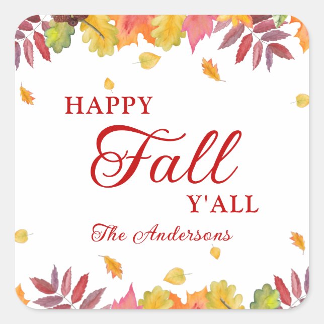Sticker Carré Happy Fall Y'all Feuilles d'automne modernes (Devant)