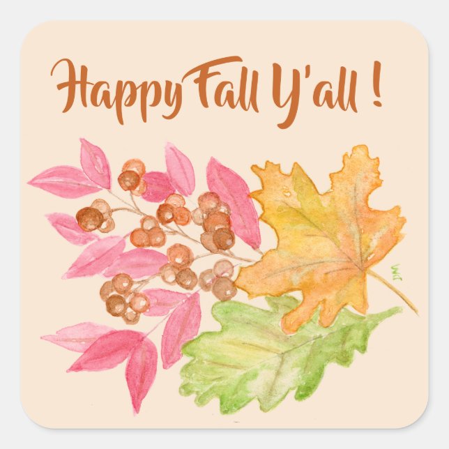 Sticker Carré Happy Fall Y'all Feuilles et Berries Papier (Devant)