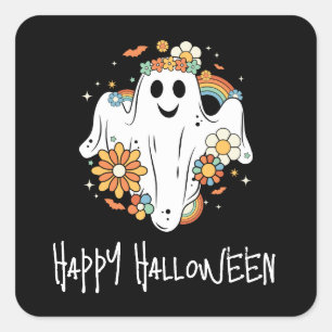 Sticker Carré Happy Ghost Retro Hippie Vibe Halloween