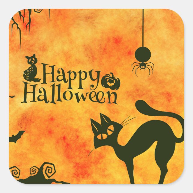 Sticker Carré Happy Halloween chat noir, hibou, citrouille (Devant)