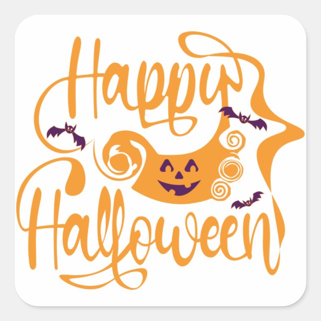 Sticker Carré Happy Halloween chauves-souris Jack-o'-lantern (Devant)