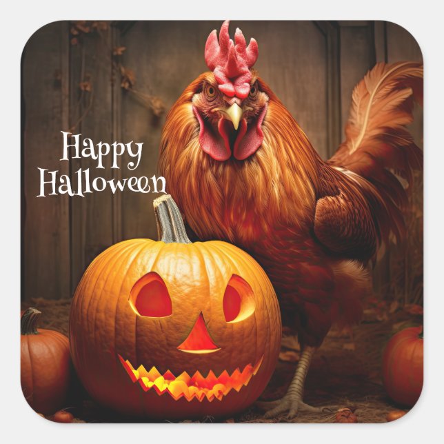 Sticker Carré Happy Halloween Chicken Rooster Citrouille papier  (Devant)