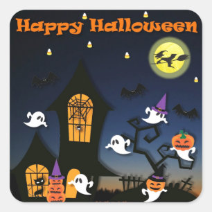 Sticker Carré Happy Halloween Haunted House