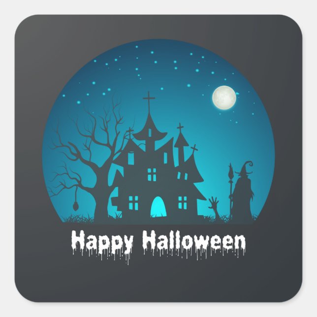 Sticker Carré Happy Halloween Maison hantée bleue et noire (Devant)