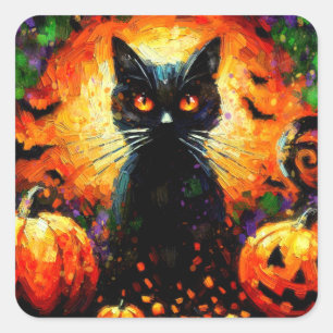 Sticker Carré Happy Halloween Noir Chat chauves Citrouilles
