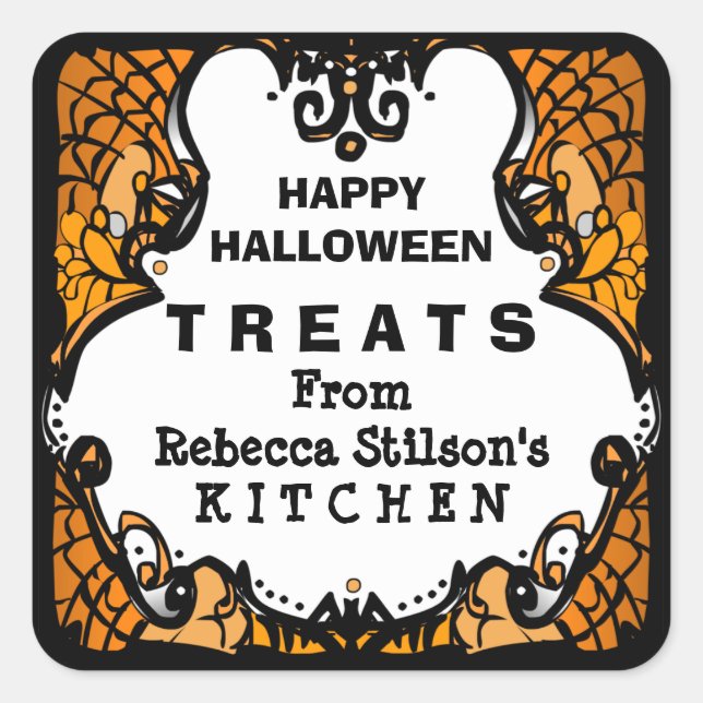 Sticker Carré Happy Halloween Traite Orange noir & blanc personn (Devant)