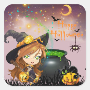 Sticker Carré Happy Halloween Witch Brew et Pumpkins