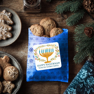 Sticker Carré HAPPY HANOUKKA fleurie couronne juive FÊTE PERSONN