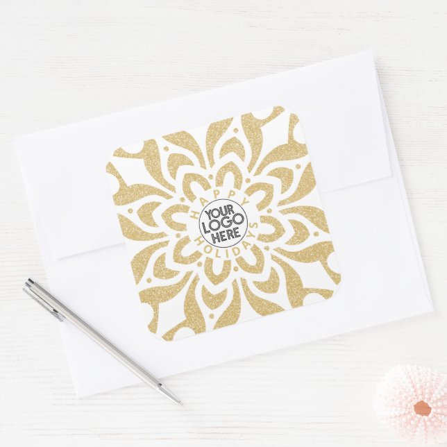 Sticker Carré Happy Holidays Business Logo Snowflake Gold (Enveloppe)