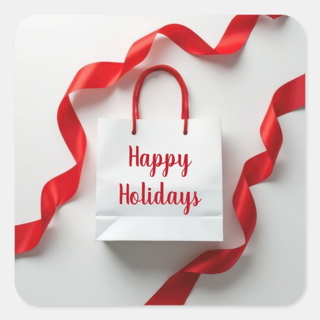 Sticker Carré Happy Holidays Gift Bag With Red Ribbons (Devant)