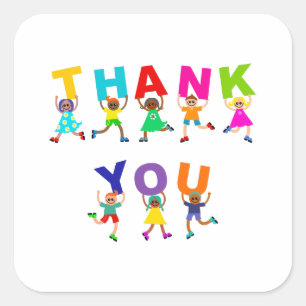 Sticker Carré Happy Merci Cute Cartoon Diverse Kids Texte