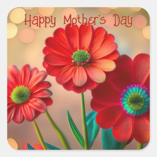 Sticker Carré Happy Mother's Day Three Red Daisies Custom Text