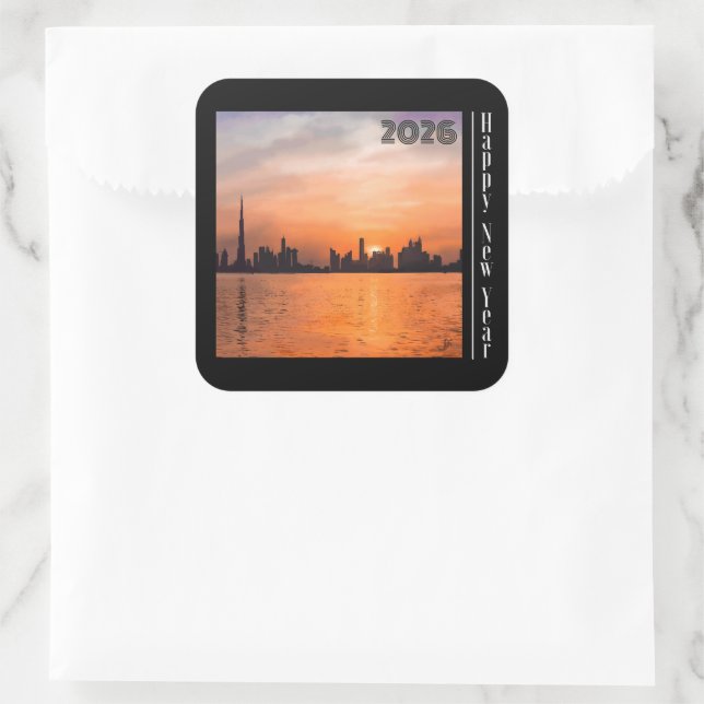 Sticker Carré Happy New Year - Sunset over a seaside town 2026 (Sac)