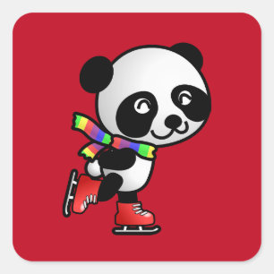 Sticker Carré Happy Panda Goes Patinage