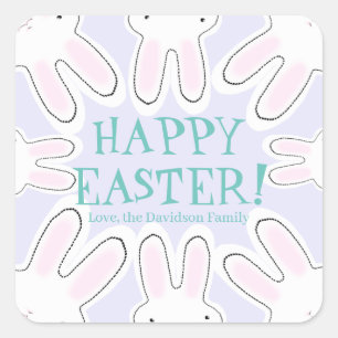 Sticker Carré Happy Pâques lilas texte personnalisé lapins migno