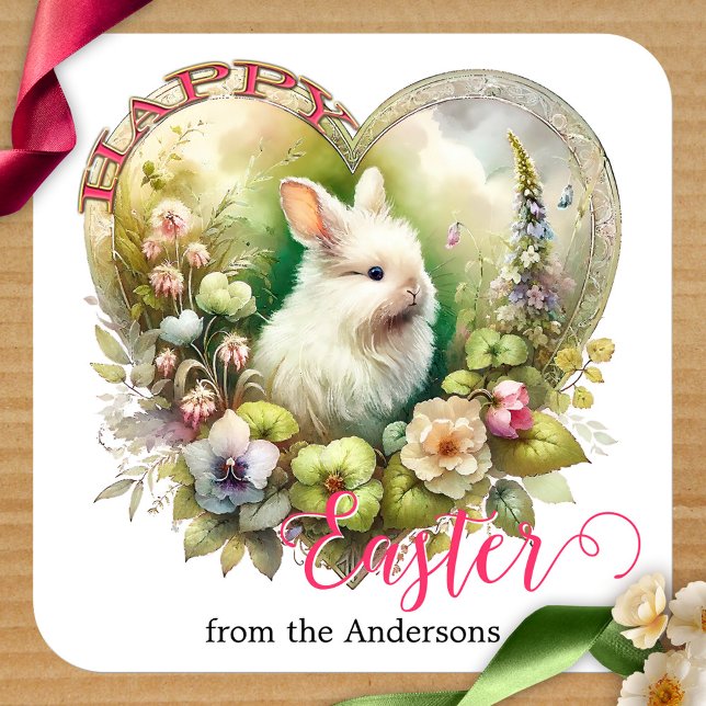 Sticker Carré Happy Pâques mignonne Aquarelle Bunny Floral (Happy Easter sticker featuring a cute watercolor bunny surrounded by a heart with flowers. )