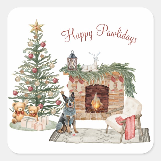 Sticker Carré Happy Pawlidays Chien Design - Australian Cattle C (Devant)