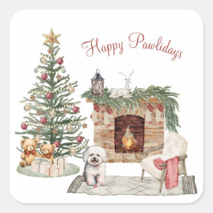 Sticker Carré Happy Pawlidays Chien Design - Bichon Frise