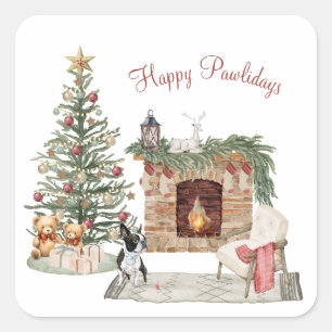 Sticker Carré Happy Pawlidays Chien Design - Boston Terrier