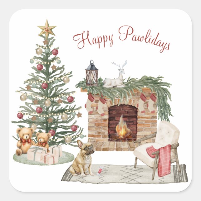 Sticker Carré Happy Pawlidays Chien Design - French Bulldog (Devant)