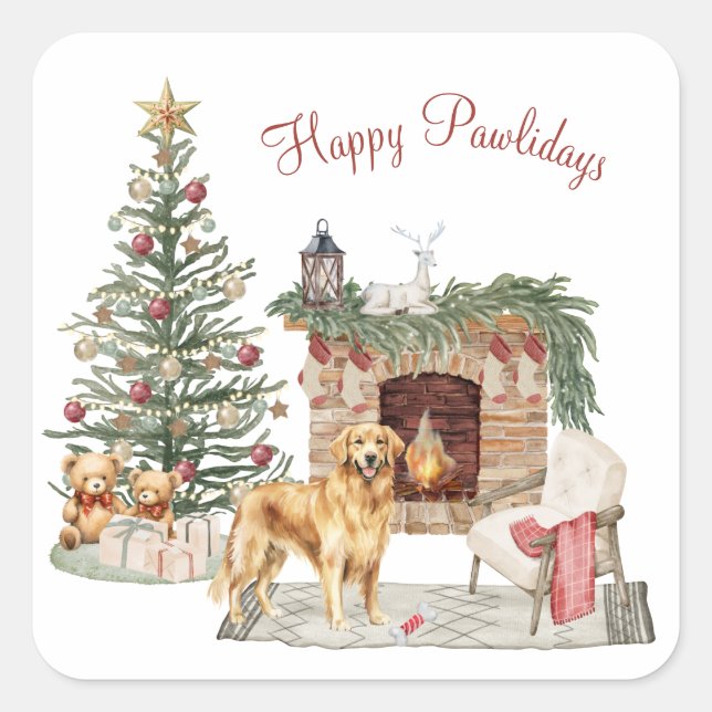 Sticker Carré Happy Pawlidays Chien Design - Golden Retriever (Devant)