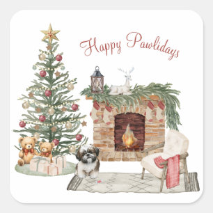 Sticker Carré Happy Pawlidays Chien Design - Shih Tzu