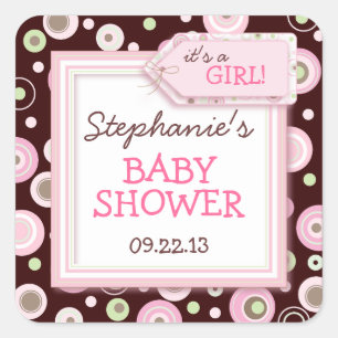 Sticker Carré Happy Pink Dots Girl Baby Favor & Enveloppe Sticke