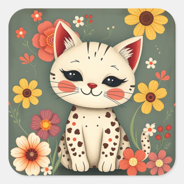 Sticker Carré Happy Spotted Kitty with Flowers (Devant)