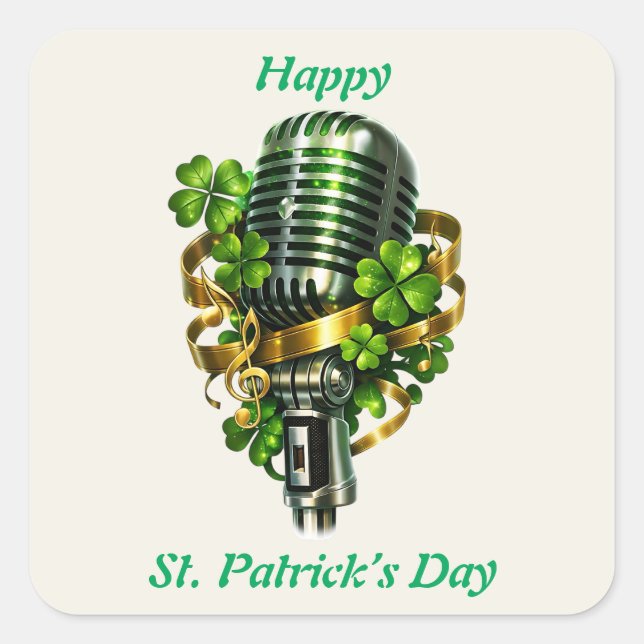 Sticker Carré Happy St. Patrick’s Day Shamrock & Microphone (Devant)