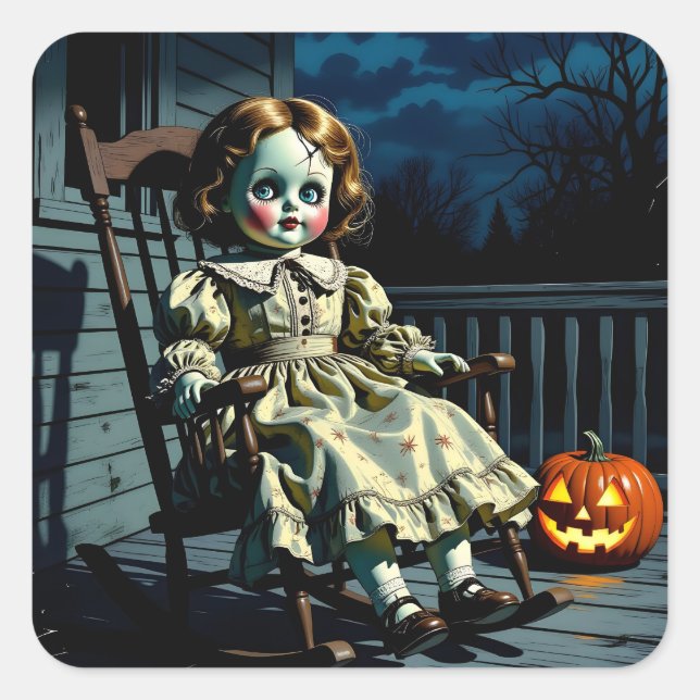 Sticker Carré Haunted Doll and Halloween Pumpkin (Devant)