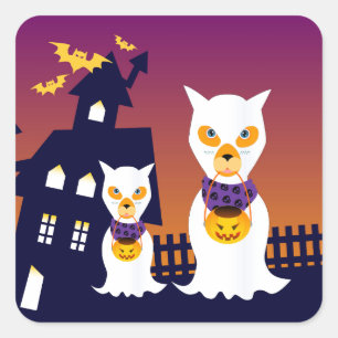 Sticker Carré Haunted House et Halloween chien fantômes