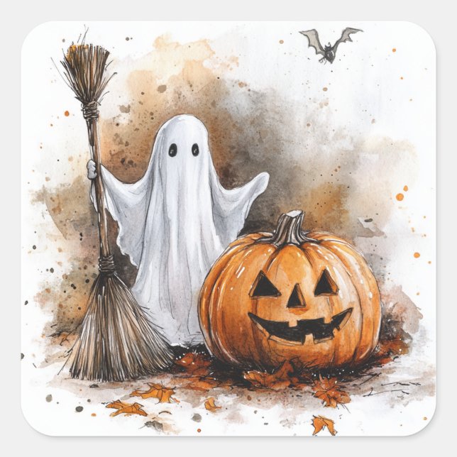 Sticker Carré Hauntint mignon Fantôme Broomstick (Devant)