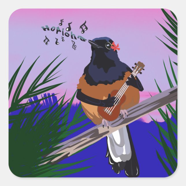Sticker Carré Hawaiian Shama Bird jouant à l'ukulele (Devant)