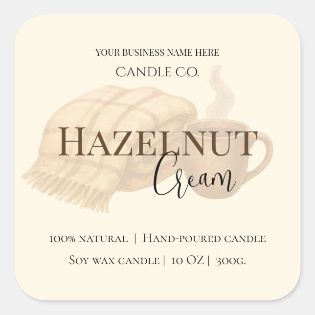 Sticker Carré Hazelnut Cream | Cozy Neutral Soy Candle Label (Devant)