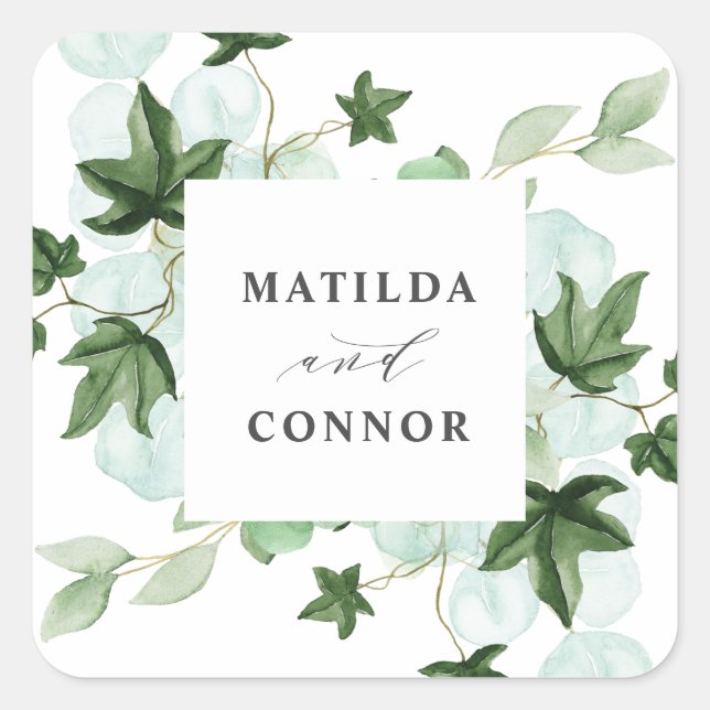 Sticker Carré Hedera | Ivy Feuille Aquarelle Mariage botanique (Devant)