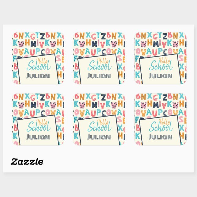 Sticker Carré Hello School' Alphabet avec nom personnalisé (Feuille)