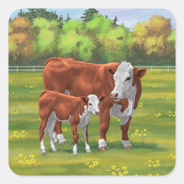 Sticker Carré Hereford Cow & Cute Calf dans les pâturages d'été (Devant)