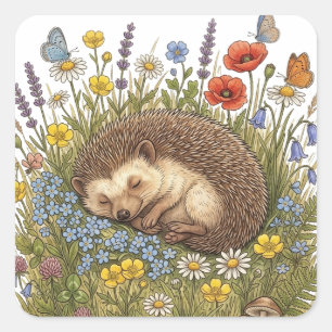 Sticker Carré Hérisson Endormi dans une Prairie de Fleurs Sauvag